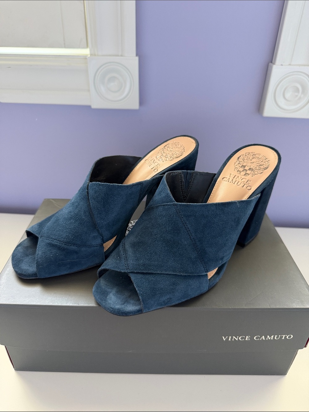Vince Camuto Teal Suede Crisscross Peep-Toe Block Heel Mules
